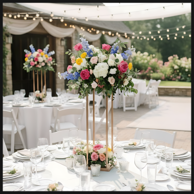 Elegant wedding venue with centrepieces of flowers and tables set for dining.