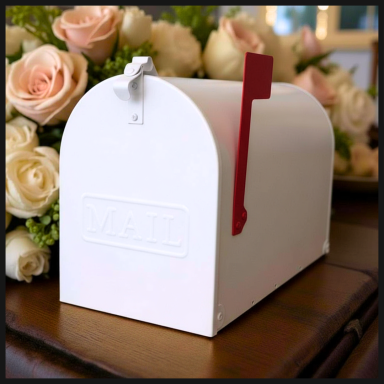 White mailbox with a red flag beside a bouquet of white roses.