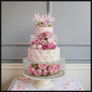 Three-tier wedding cake adorned with roses and a "Mr & Mrs" topper.
