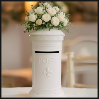 White post box adorned with white flowers on top, set in an elegant venue.