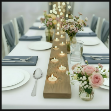 Table set for a meal, featuring candles, flowers, and elegant tableware.