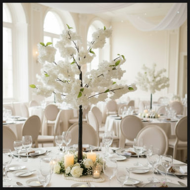 Elegant dining setup with white floral centrepieces and soft candlelight.