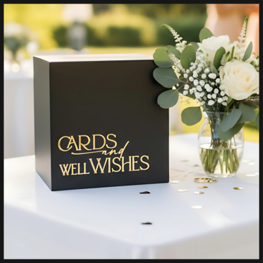 A black box labelled "Cards and Well Wishes" beside a vase of white flowers.