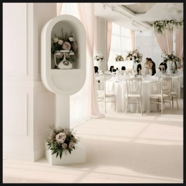 Modern white floral display stand in an elegant event space with a dining setup.