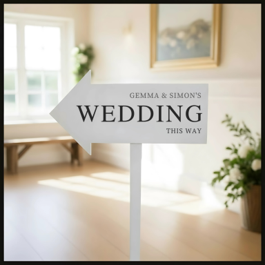 Sign directing guests to Gemma and Simon's wedding.