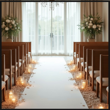 A decorated wedding aisle with wooden chairs and lit candles on a white runner.