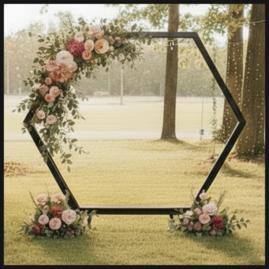 Hexagonal floral arch with pink and white flowers, set in a sunny outdoor location.