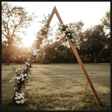 Wooden arch decorated with flowers in a sunlit garden.