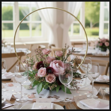 Floral centerpiece with pink and burgundy roses inside a circular gold frame.