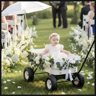 A baby in a decorated wagon at an outdoor wedding, surrounded by floral arrangements.