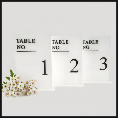 Three table number signs labelled 1, 2, and 3, with white flowers in the foreground.