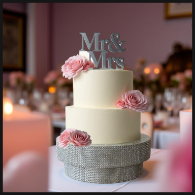 A three-tier wedding cake decorated with pink flowers and a "Mr & Mrs" topper.