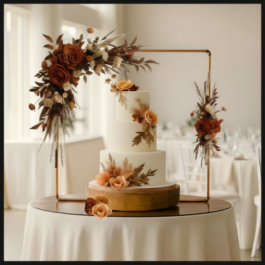 Three-tier cake adorned with flowers and greenery, displayed on a round table.