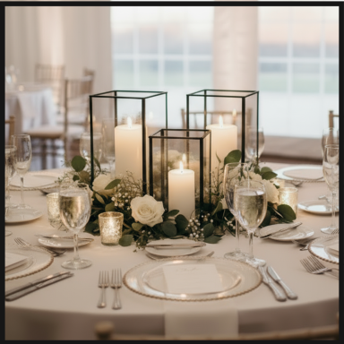 Elegant table setting with lanterns, candles, and floral arrangements.