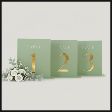 Three green table numbers displaying "1", "2", and "3" in gold, with floral accents.