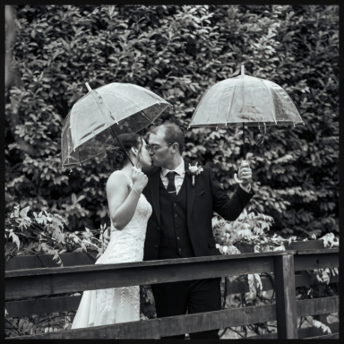 Bride and groom sharing a kiss under matching umbrellas in a lush garden setting.