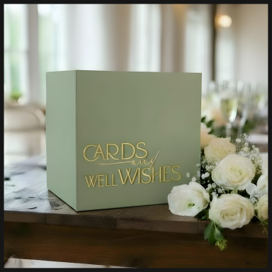 A green box with "Cards and Well Wishes" in gold lettering, surrounded by white flowers.