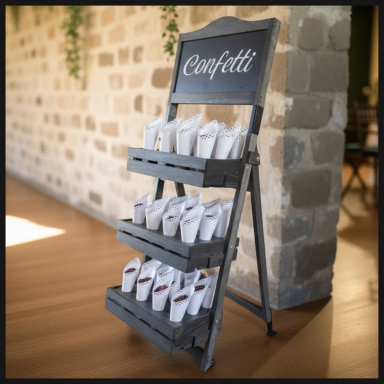 Decorative stand with three tiers holding paper cones for confetti.