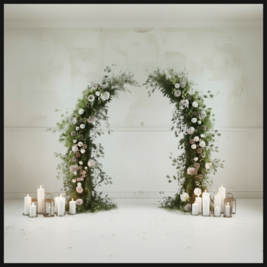 Floral archway adorned with greenery and candles on the ground.