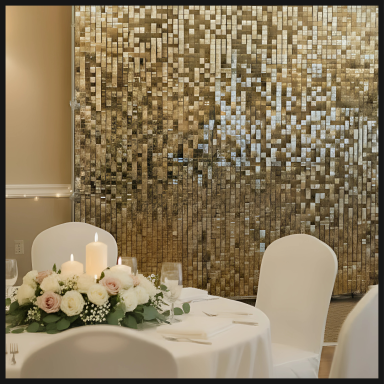 A beautifully set table with flowers and candles against a shimmering golden backdrop.