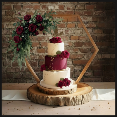 Three-tiered cake adorned with red roses, displayed on a wooden surface against a brick wall.
