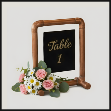 Table number 1 in an elegant frame, adorned with a bouquet of flowers.