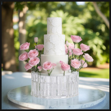 Four-tier white cake decorated with pink roses on a glass stand.