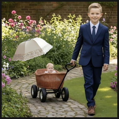 A young boy in a suit pulls a baby in a wagon under a small parasol in a flower garden.