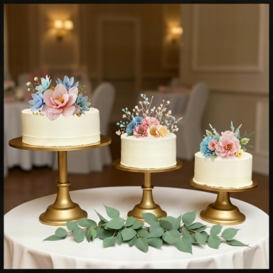 Three elegant cakes on gold stands, adorned with pastel flowers and greenery.