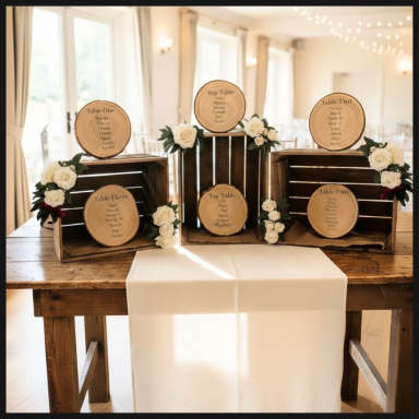 Wooden barrels and crates decorated with white roses, arranged on a wooden table.
