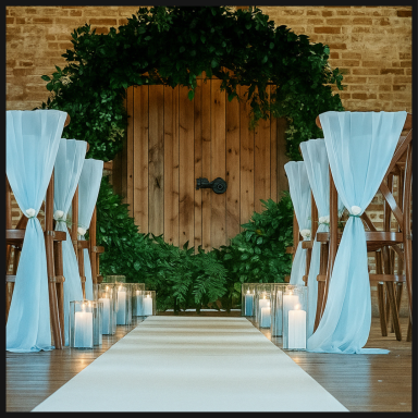 Decorated wedding ceremony aisle with greenery and candles, leading to a wooden backdrop.